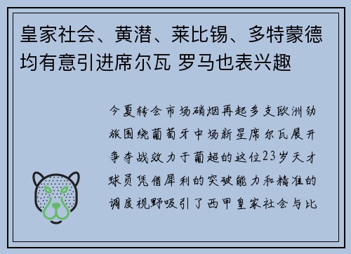 皇家社会、黄潜、莱比锡、多特蒙德均有意引进席尔瓦 罗马也表兴趣